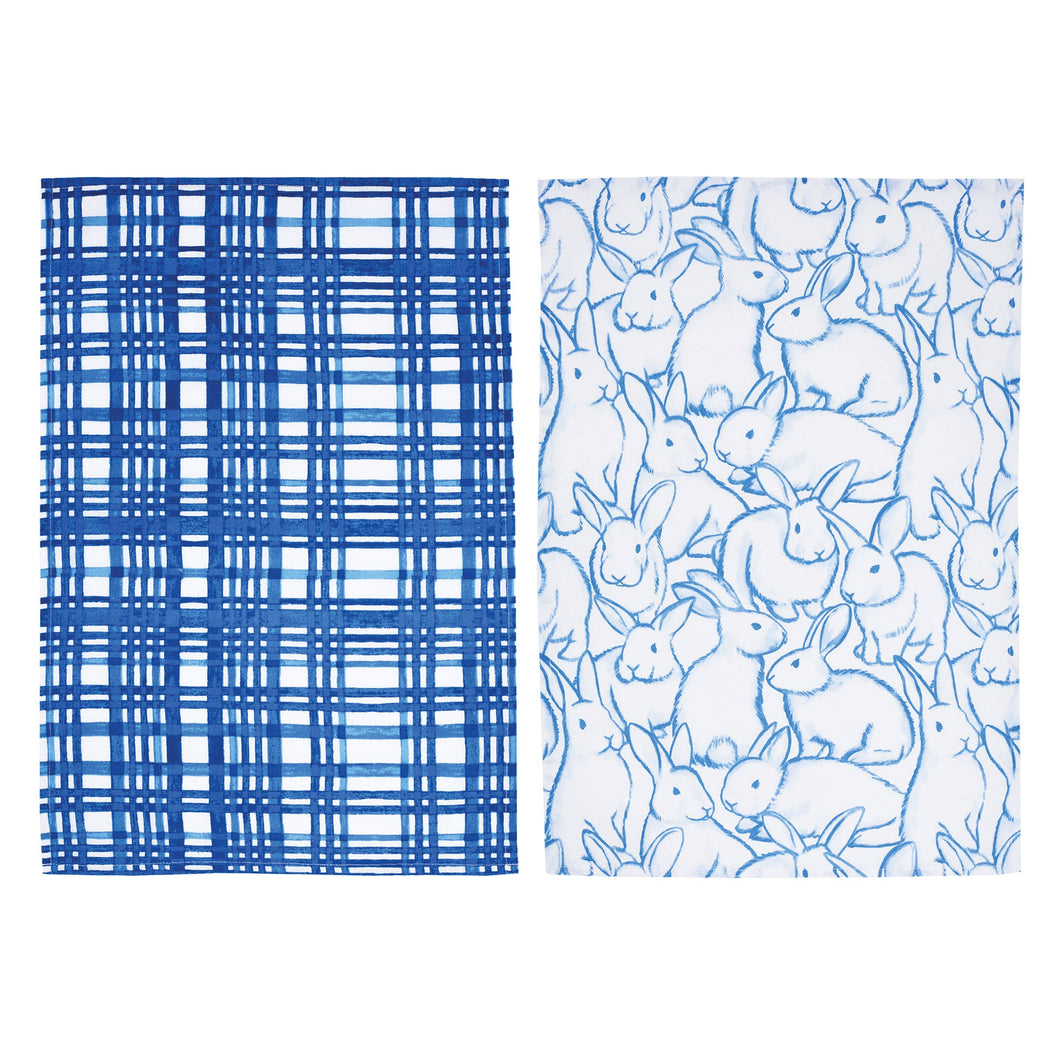 Easter Bunny & Blue Plaid Kitchen Towel Set 2